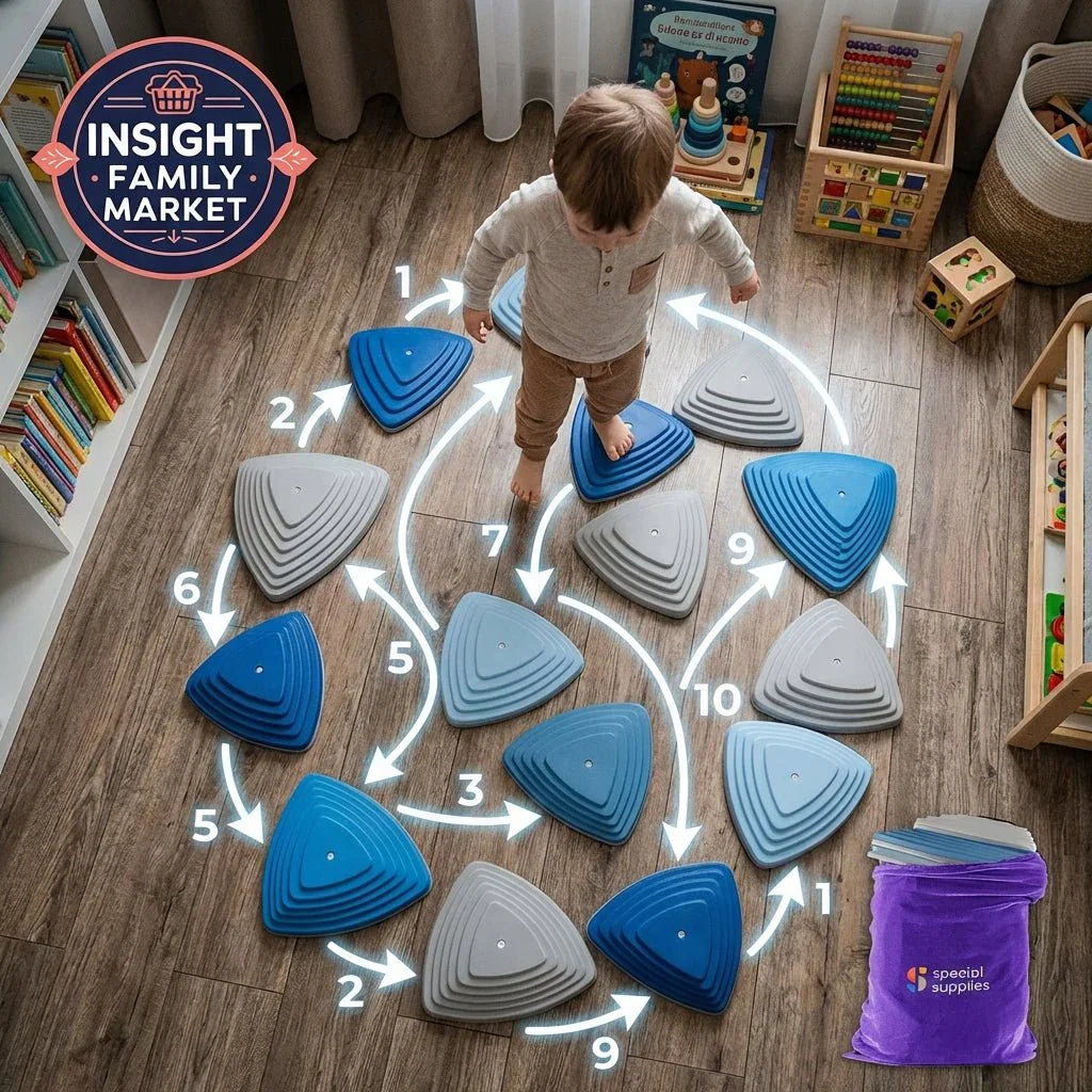 Child playing on numbered sensory stepping stones for motor skills in an indoor playroom