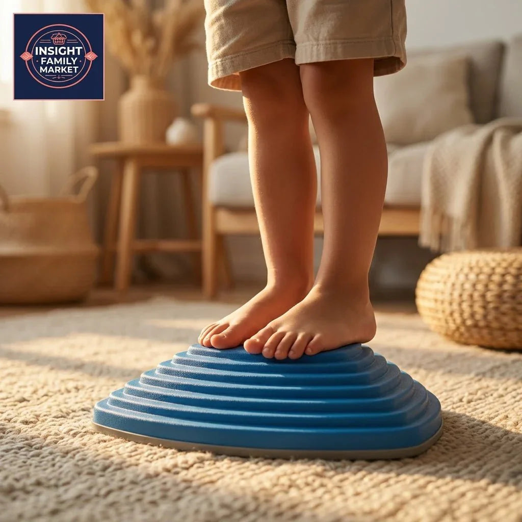 Child standing on blue sensory balance toy in cozy living room, calm focus activity