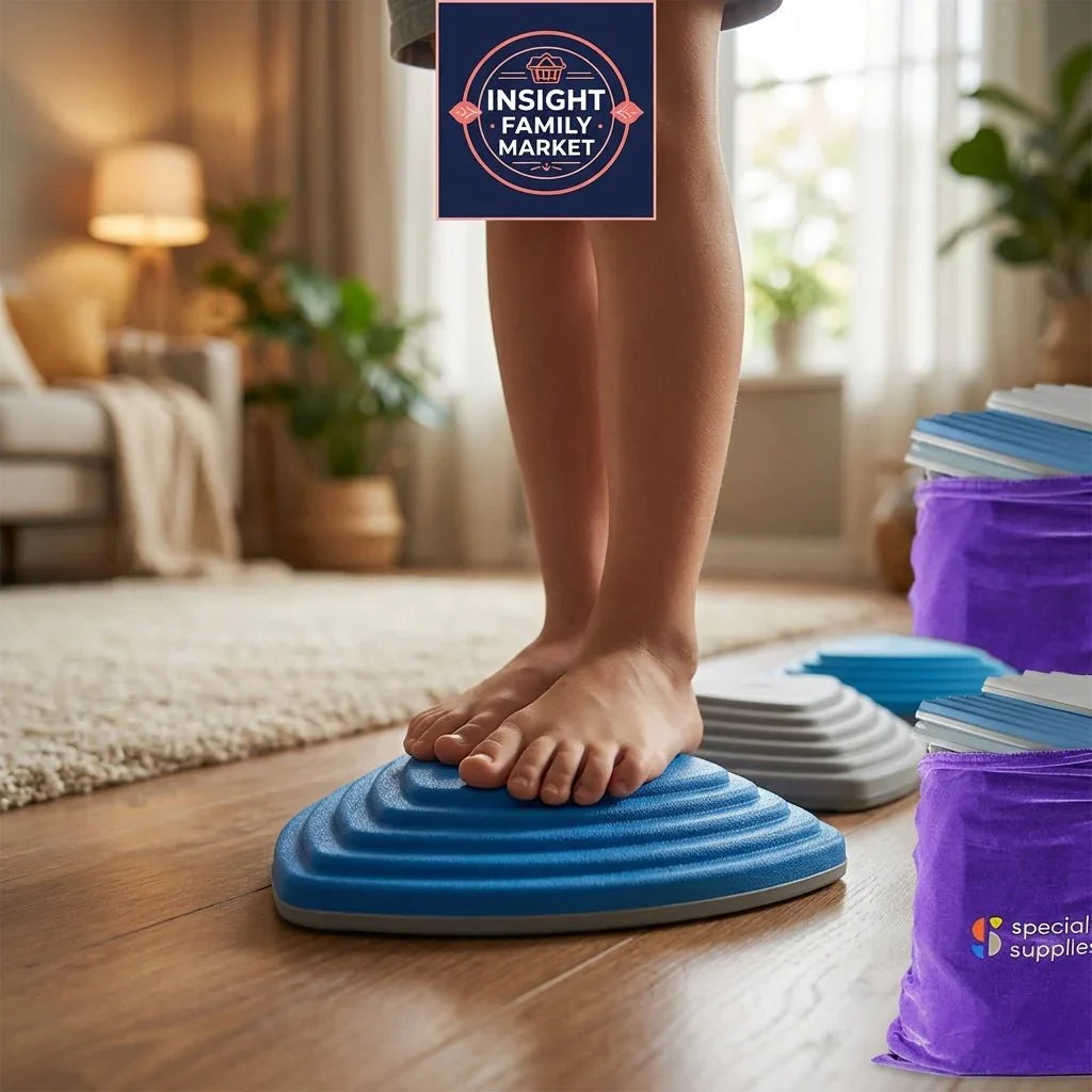 Child using blue sensory balance stepping stone for neurodiverse kids in cozy living room