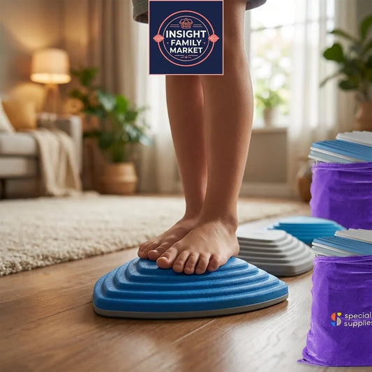 Child using blue sensory balance stepping stone for neurodiverse kids in cozy living room