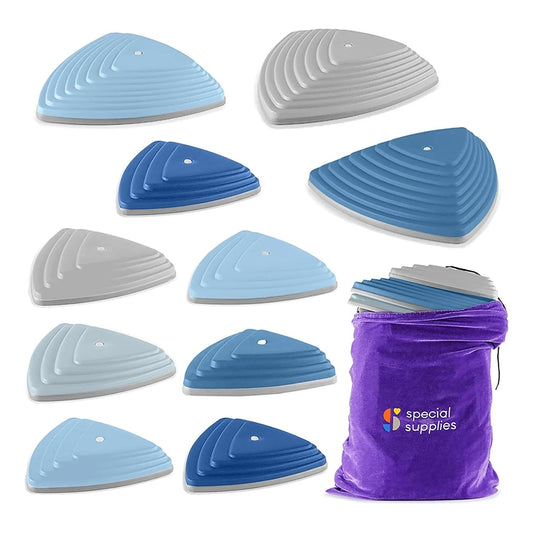Set of blue, gray, and light blue sensory balance stepping stones with purple storage bag