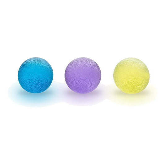 Three textured sensory balls in blue, purple, and yellow on white background