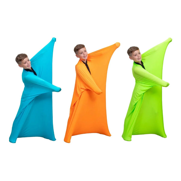 Child in blue, orange, and green sensory body socks for sensory play and autism support