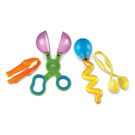 Colorful sensory fine motor tools set including tongs, scoops, and eye dropper for kids.