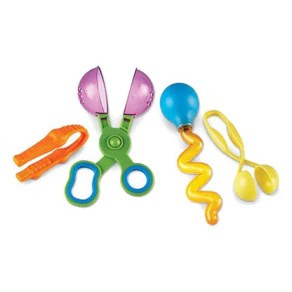 Colorful sensory fine motor tools set including tongs, scoops, and eye dropper for kids.