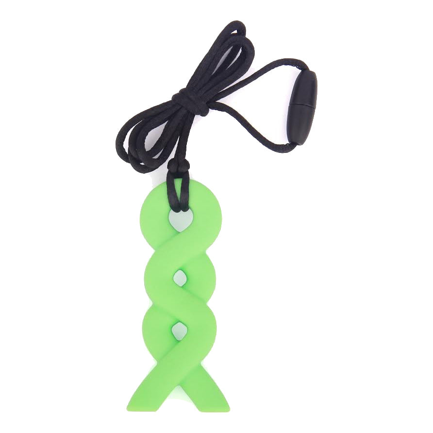Neon green fish-shaped pendant on a black cord against a white background
