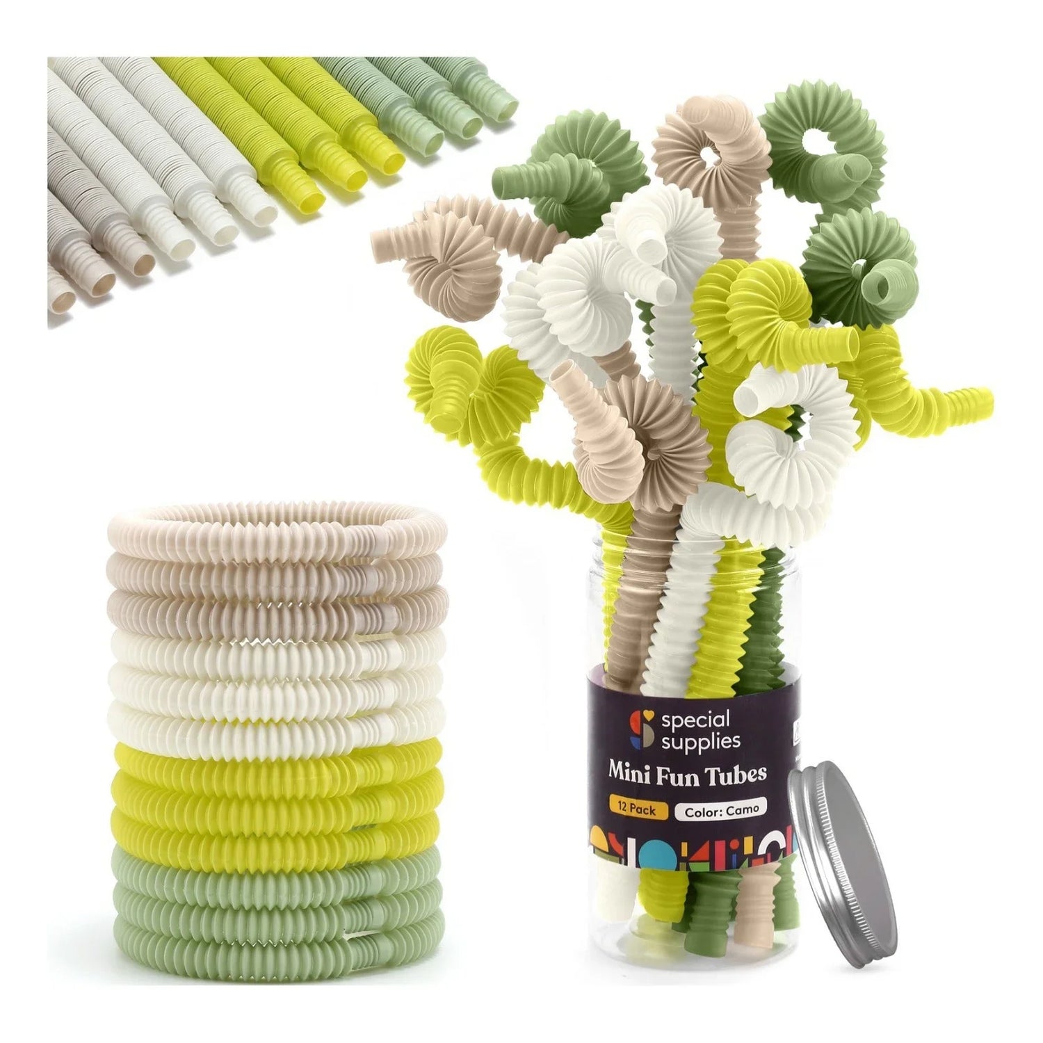 Sensory mini fun tubes in green, beige, and white, flexible fidget toy pack for kids.