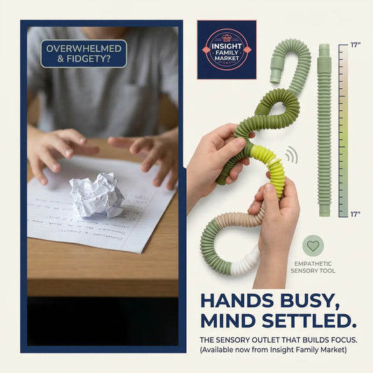 Sensory outlet product with hands holding it, text about focus and focus, and Insight Family Market branding.