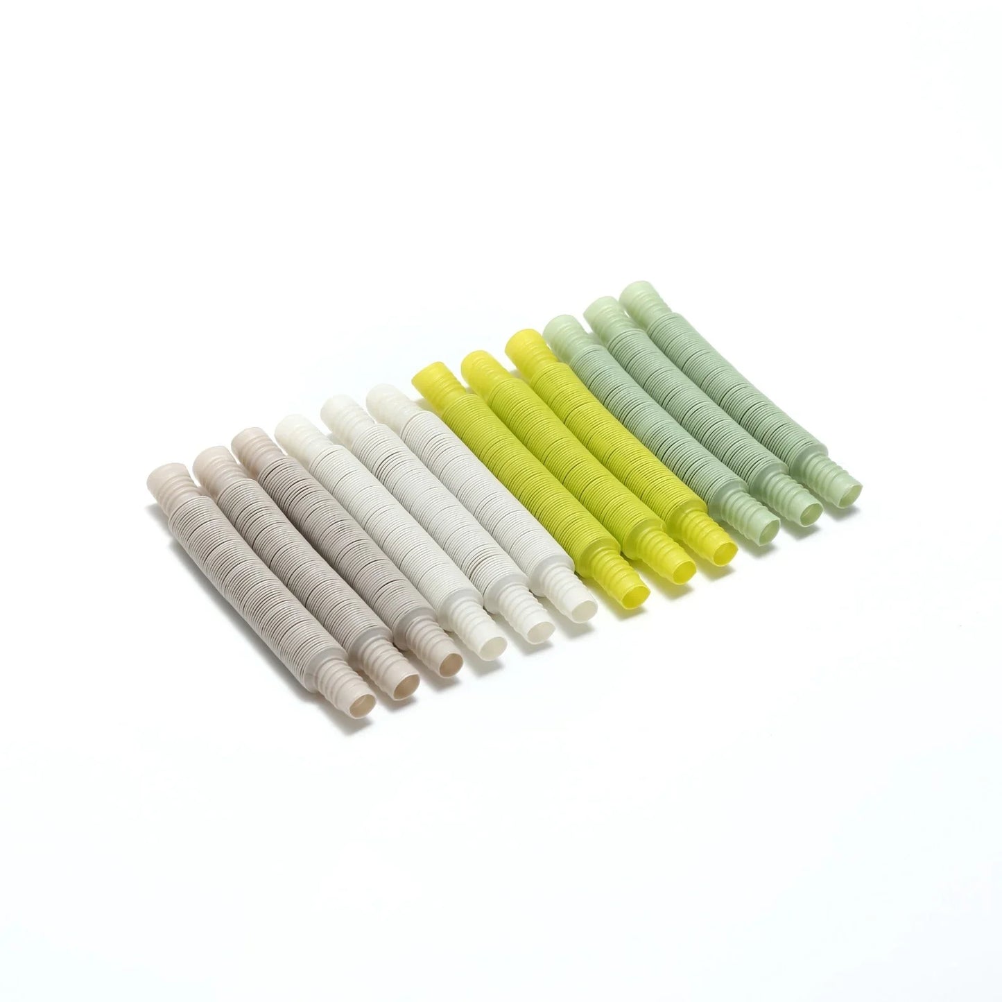 Set of flexible sensory tubes in assorted neutral and green colors for sensory play
