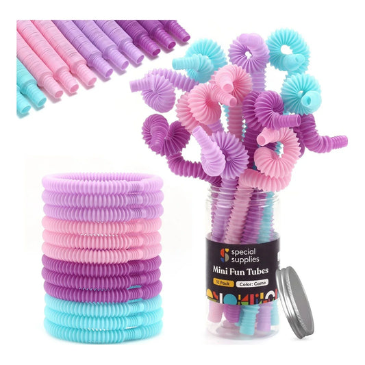Colorful sensory fidget tubes in pink, purple, and blue for kids in a clear jar and stacked.