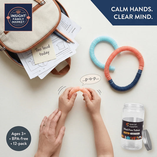 Child using sensory fidget tubes with adult hand, backpack, and calm mind message.