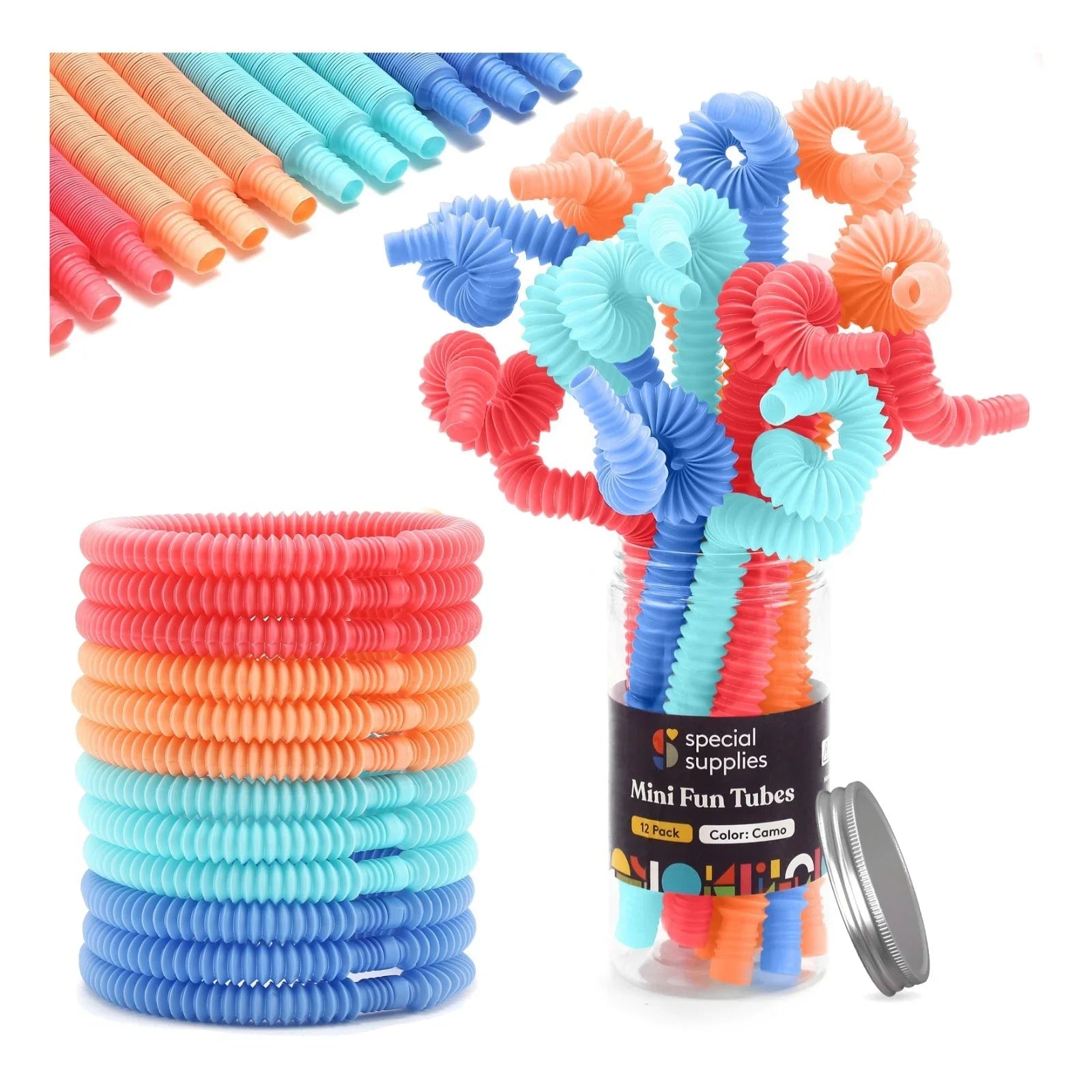 Colorful sensory pop tubes for kids, flexible fidget toy set in jar, ideal for autism support