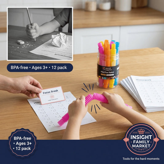 Child using sensory fidget tube for focus break during homework, BPA-free, ages 3+, 12 pack.
