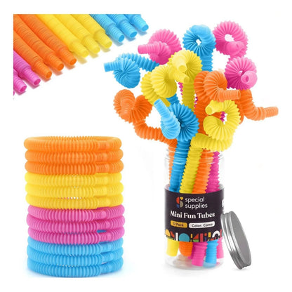 Colorful sensory fidget pop tubes for kids, bendable and stackable, in a clear jar.