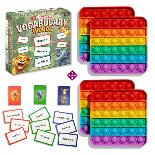 A product image of The Fidget Game: Vocabulary Words board game set against a plain white background. The set includes a colorful green and yellow game box featuring cartoon jungle animals like a lion and an elephant, labeled for Grades 4, 5, and 6. Spread out next to the box are the game components: four square, rainbow-colored silicone pop-it fidget toys stacked in pairs, a single purple six-sided die, three character cards, and several piles of vocabulary word flashcards. 