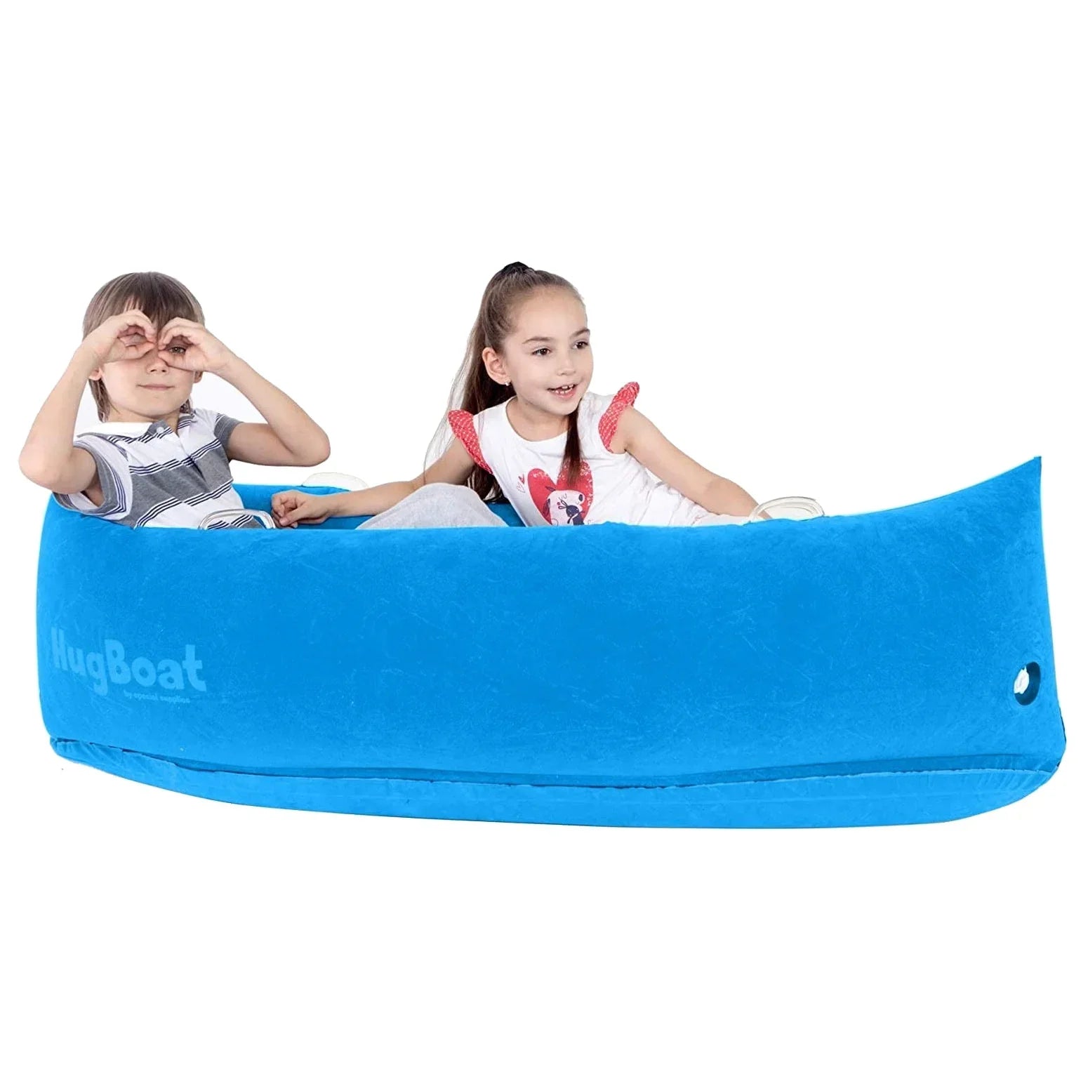 Two children playing in a blue sensory inflatable HugBoat for kids