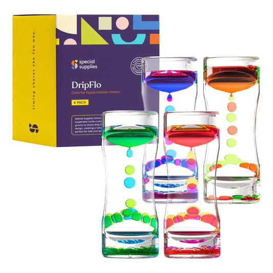 Set of four colorful liquid motion timers in front of DripFlo sensory toy box