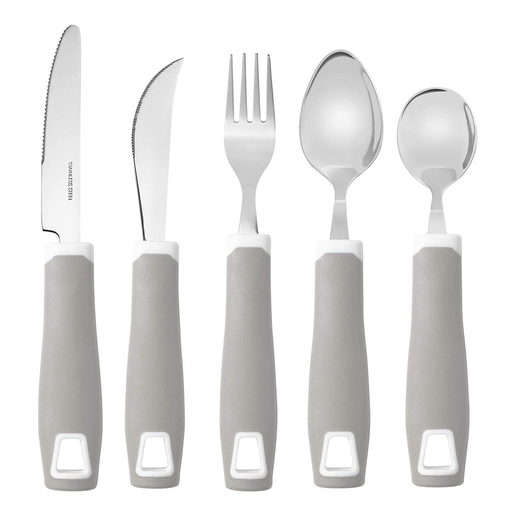 Set of 5 Gray Adaptive Utensils - Stainless Steel Knife, Rocker Knife, Fork, Soup Spoon, Dinner Spoon - Insight Family Market
