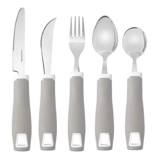 Set of 5 Gray Adaptive Utensils - Stainless Steel Knife, Rocker Knife, Fork, Soup Spoon, Dinner Spoon - Insight Family Market