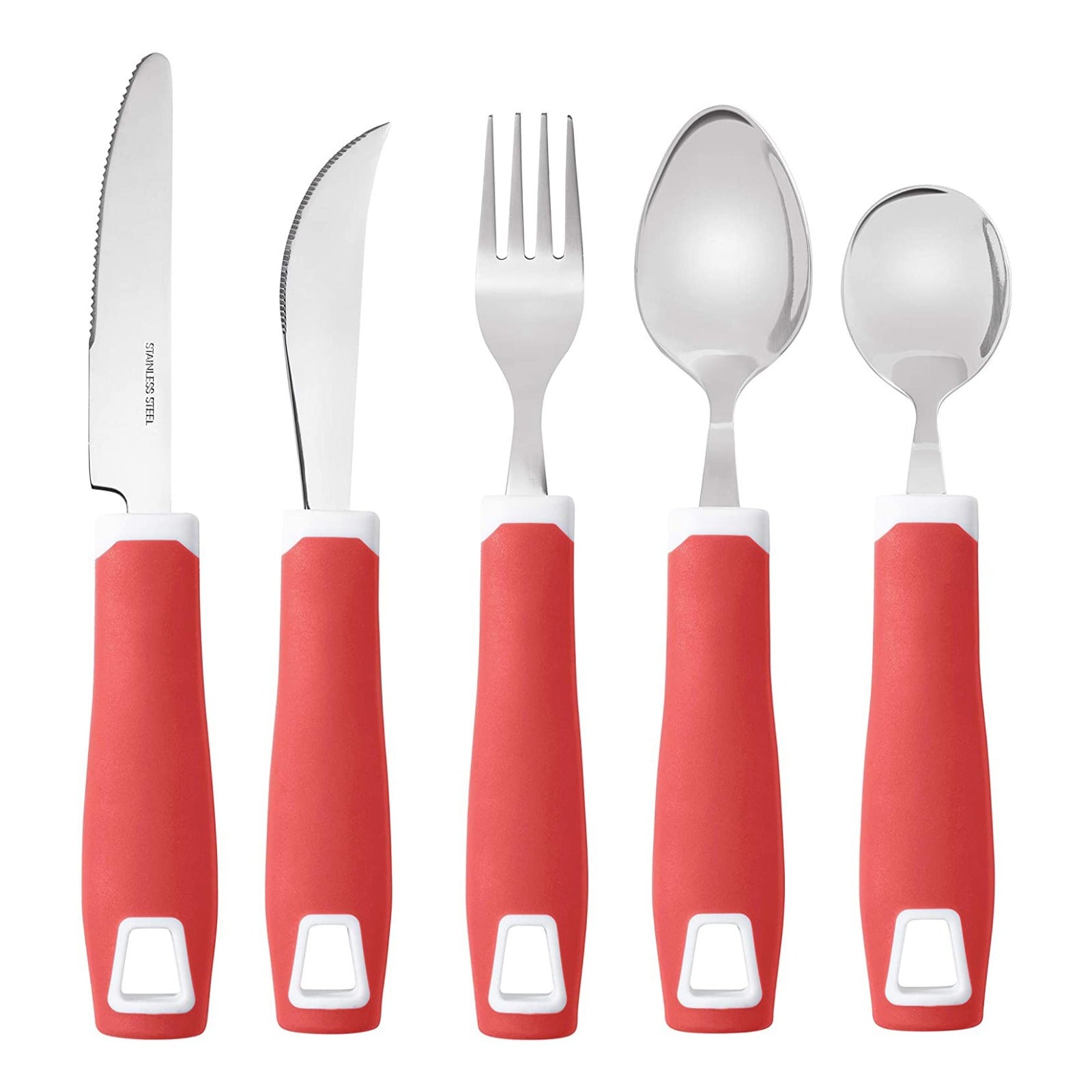 Set of 5 Red Adaptive Utensils - Stainless Steel Knife, Rocker Knife, Fork, Soup Spoon, Dinner Spoon - Insight Family Market