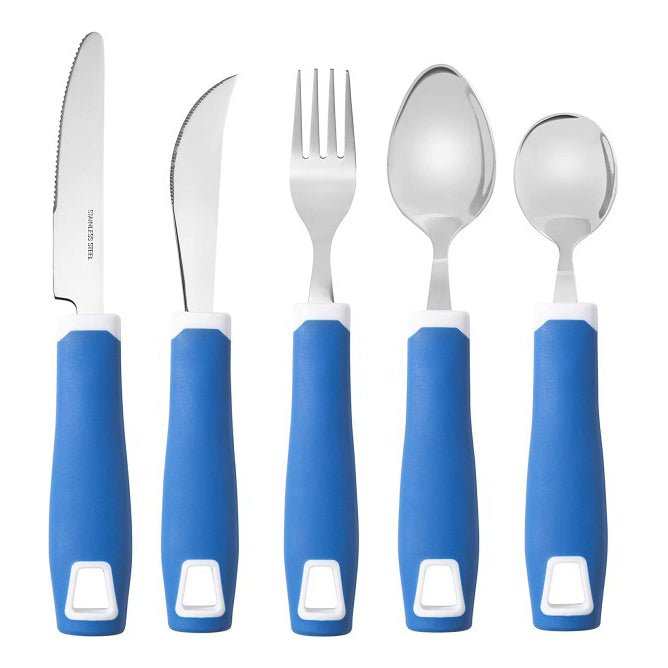 Set of 5 Blue Adaptive Utensils - Stainless Steel Knife, Rocker Knife, Fork, Soup Spoon, Dinner Spoon - Insight Family Market