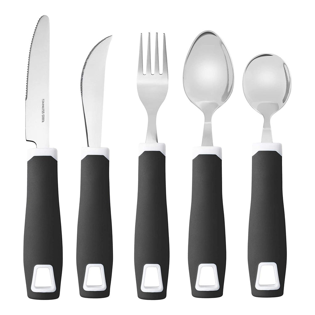 Set of 5 Black Adaptive Utensils - Stainless Steel Knife, Rocker Knife, Fork, Soup Spoon, Dinner Spoon - Insight Family Market