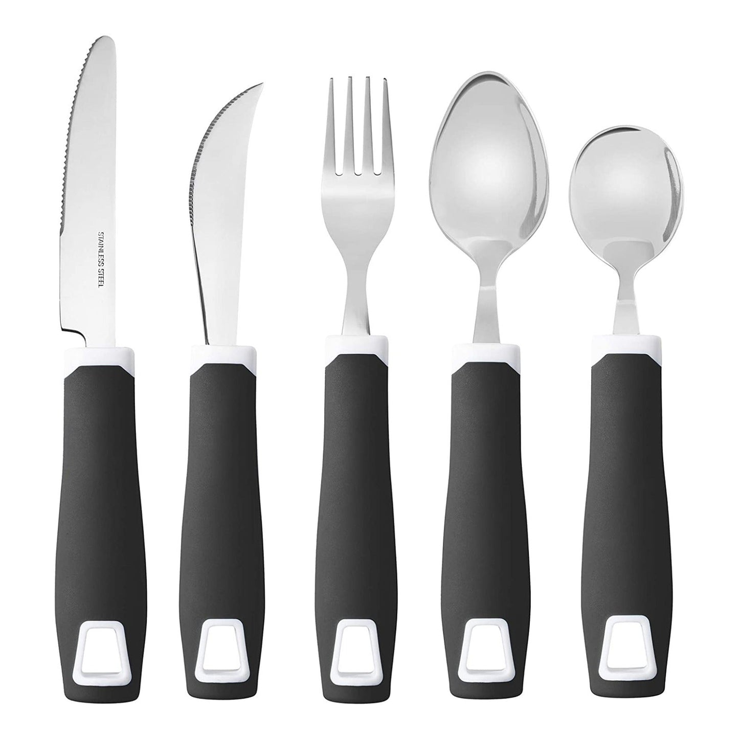 Set of 5 Black Adaptive Utensils - Stainless Steel Knife, Rocker Knife, Fork, Soup Spoon, Dinner Spoon - Insight Family Market