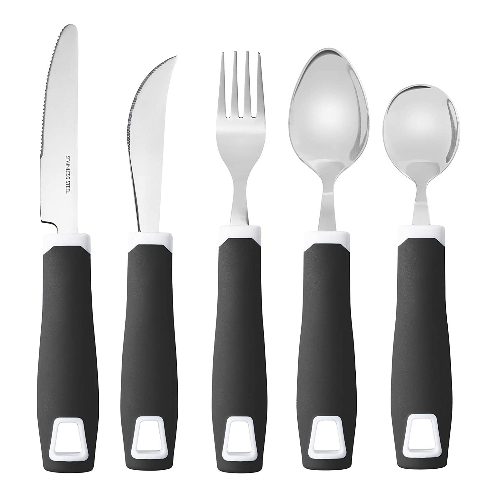 Set of 5 Black Adaptive Utensils - Stainless Steel Knife, Rocker Knife, Fork, Soup Spoon, Dinner Spoon - Insight Family Market