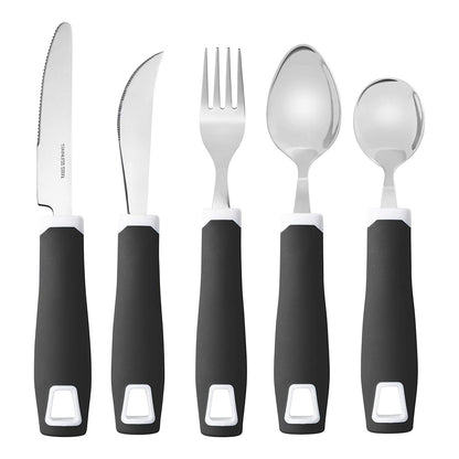 Set of 5 Black Adaptive Utensils - Stainless Steel Knife, Rocker Knife, Fork, Soup Spoon, Dinner Spoon - Insight Family Market