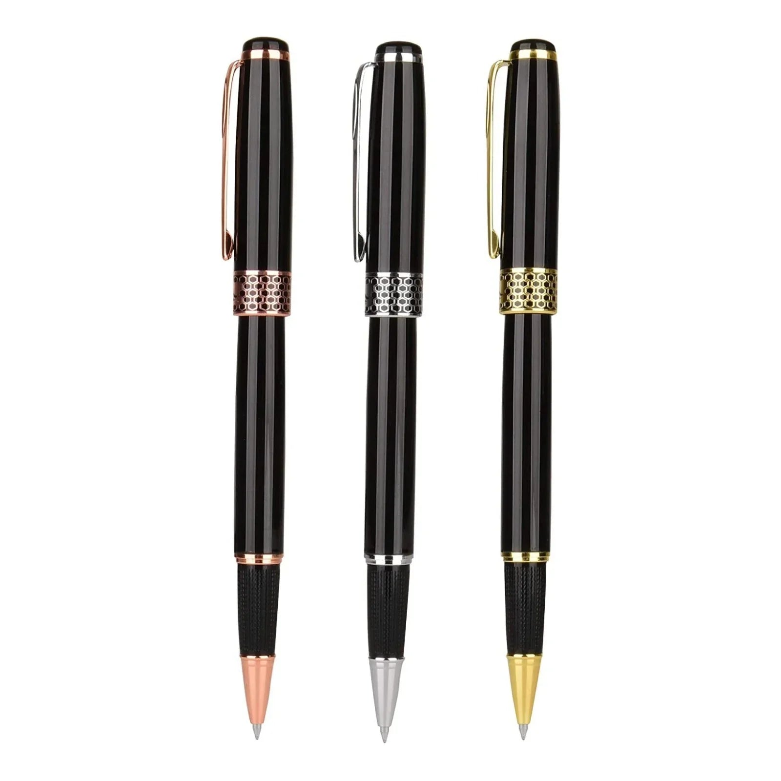 Set of three black ballpoint pens with gold, silver, and rose gold accents, isolated on white