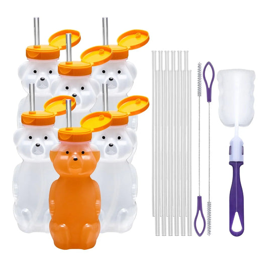 Set of bear-shaped sensory drink bottles with yellow lids, straws, and cleaning brushes.