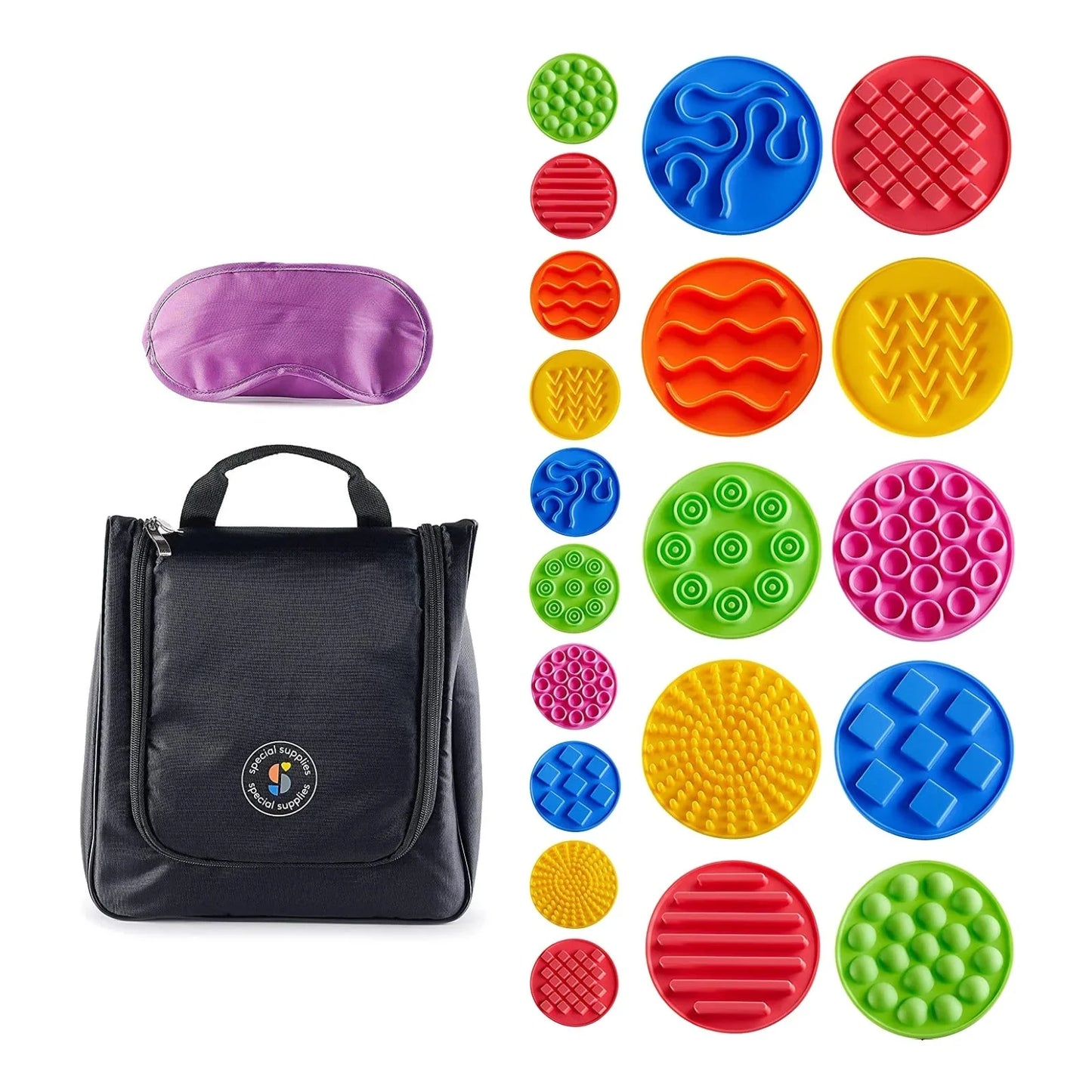 Sensory kit with colorful textured discs, purple eye mask, and black carrying bag