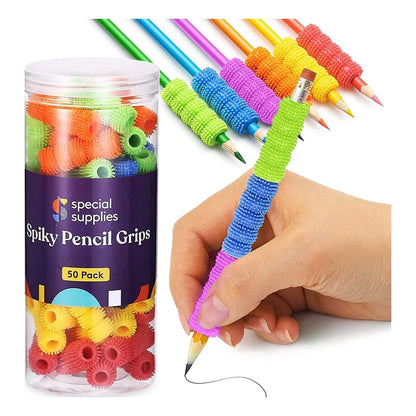 Colorful spiky pencil grips for sensory support, pack of 50, shown on pencils and in use