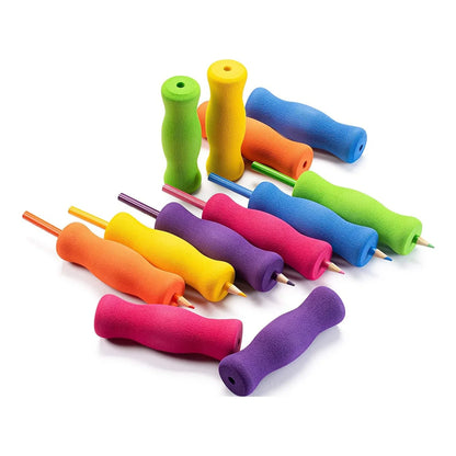 Colorful ergonomic pencil grips for sensory-friendly writing support on pencils and pens
