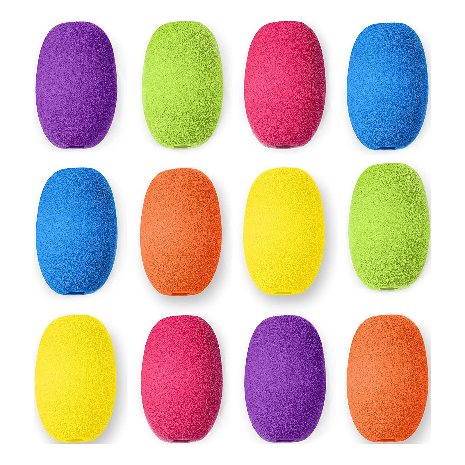 Set of colorful makeup sponges arranged in a grid on a white background
