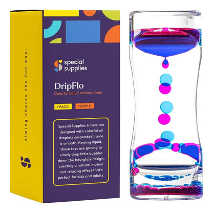 Colorful liquid motion timer with blue and purple oil droplets, packaging beside product
