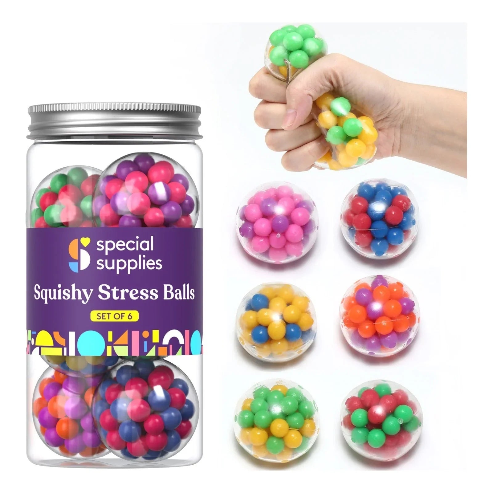 Set of six colorful squishy stress balls for sensory and fidget support