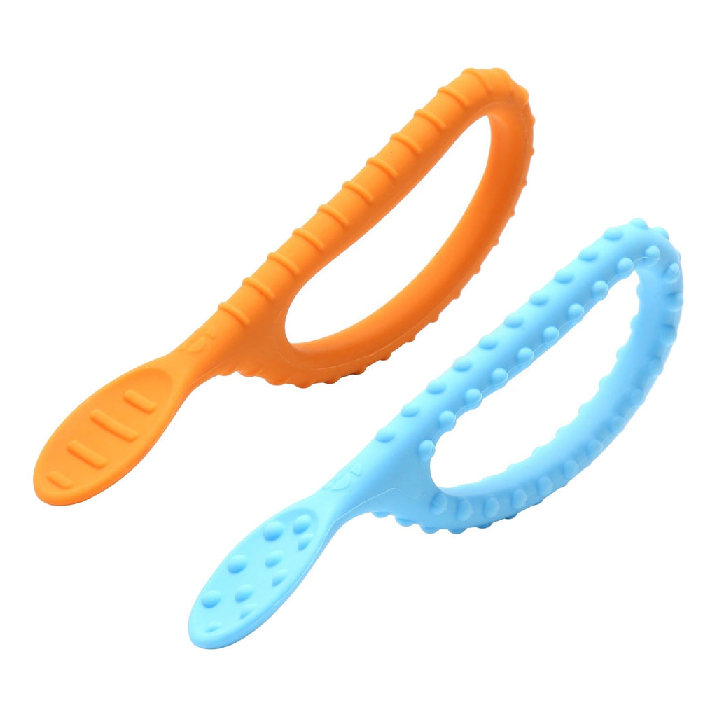 Special Supplies Duo Spoon Loops Oral Motor Therapy Tools, 2 Pack, Textured Stimulation and Sensory Input Treatment for Babies, Toddlers or Kids, BPA Free Silicone with Flexible, Easy Handle - Blue & Orange - Insight Family Market