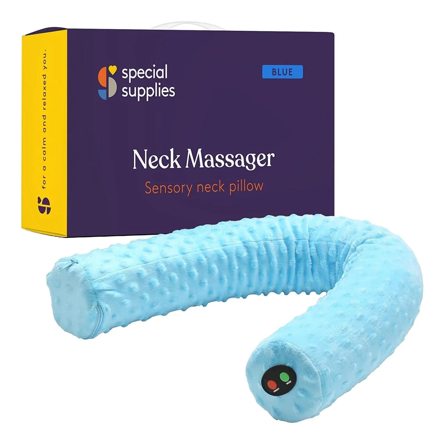 Blue sensory neck massager pillow with soft textured cover, shown with product box.