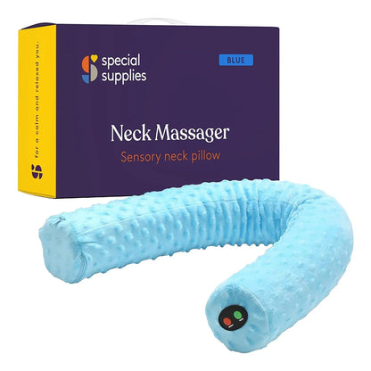 Blue sensory neck massager pillow with soft textured cover, shown with product box.