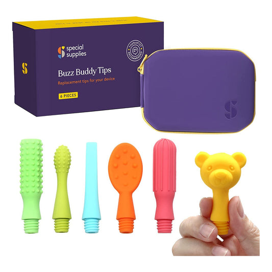 Colorful sensory replacement tips for Buzz Buddy device with carrying case, six pieces