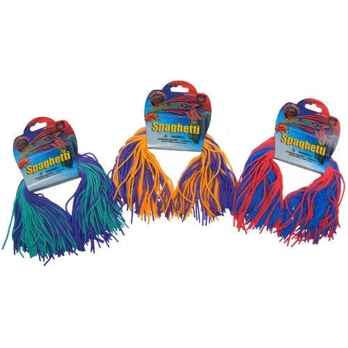 Three colorful spaghetti sensory balls in blue, yellow, green, and red for tactile play