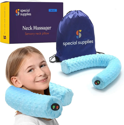 Child wearing blue sensory neck massager pillow with packaging and carry bag visible.