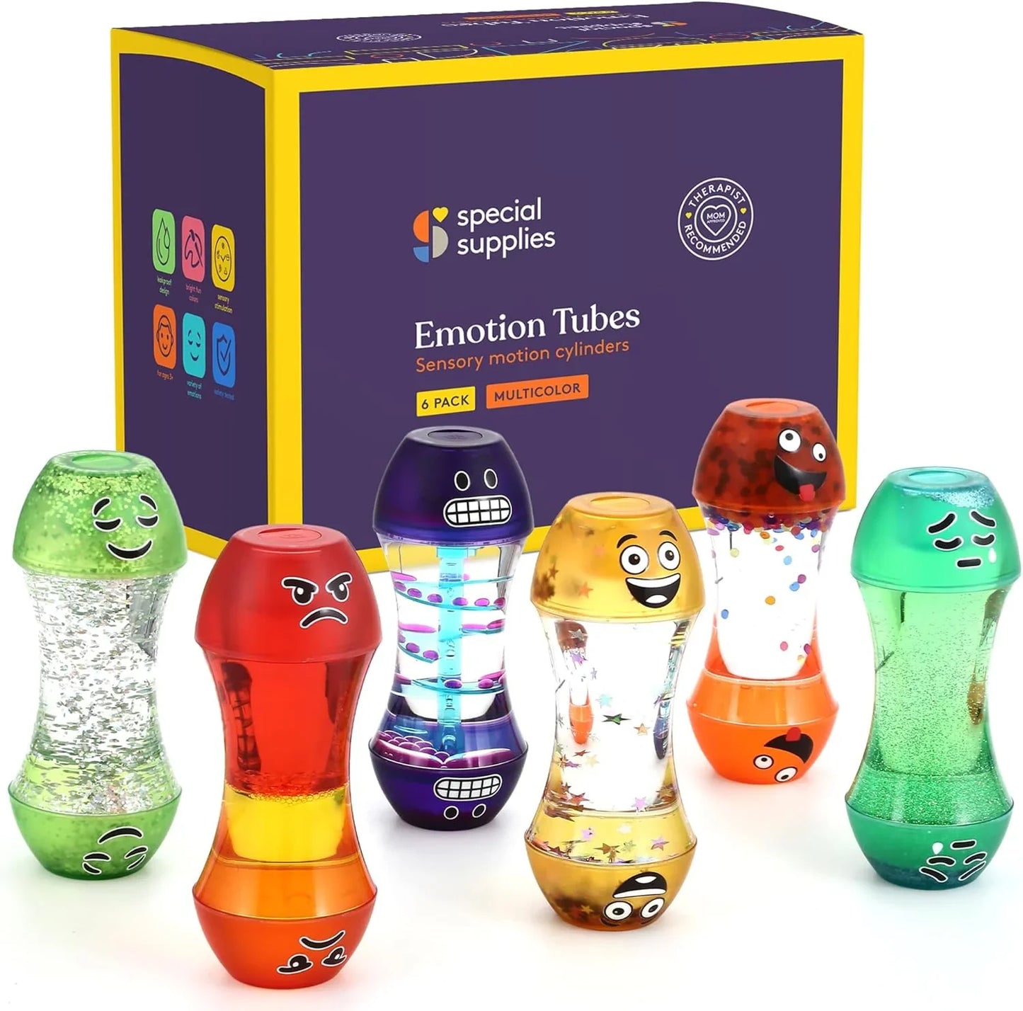 Multicolor sensory emotion tubes with expressive faces, perfect for kids' sensory play and emotional learning.