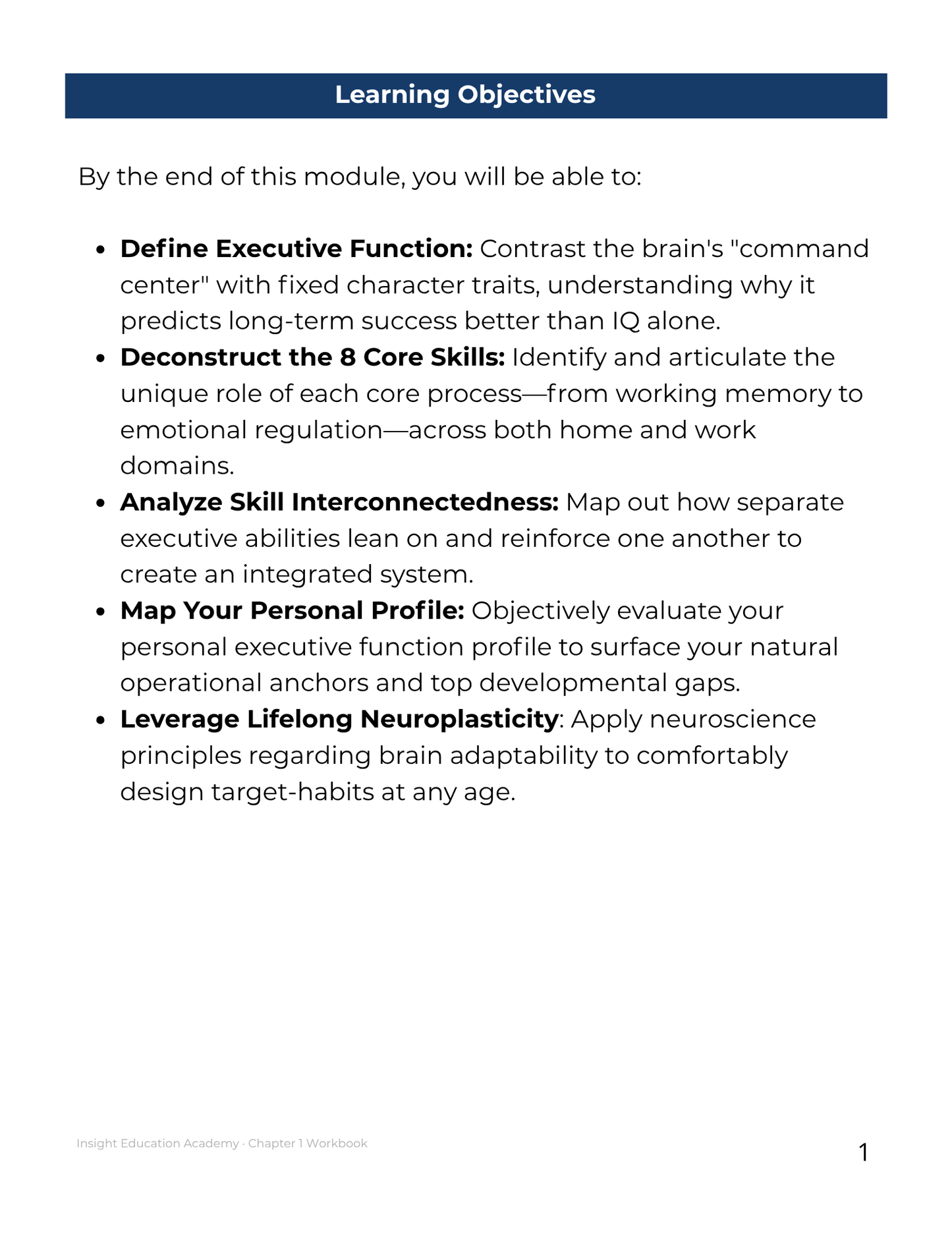 Learning objectives list for a module on executive function and lifelong neuroplasticity.