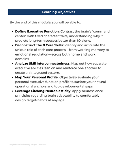 Learning objectives list for a module on executive function and lifelong neuroplasticity.