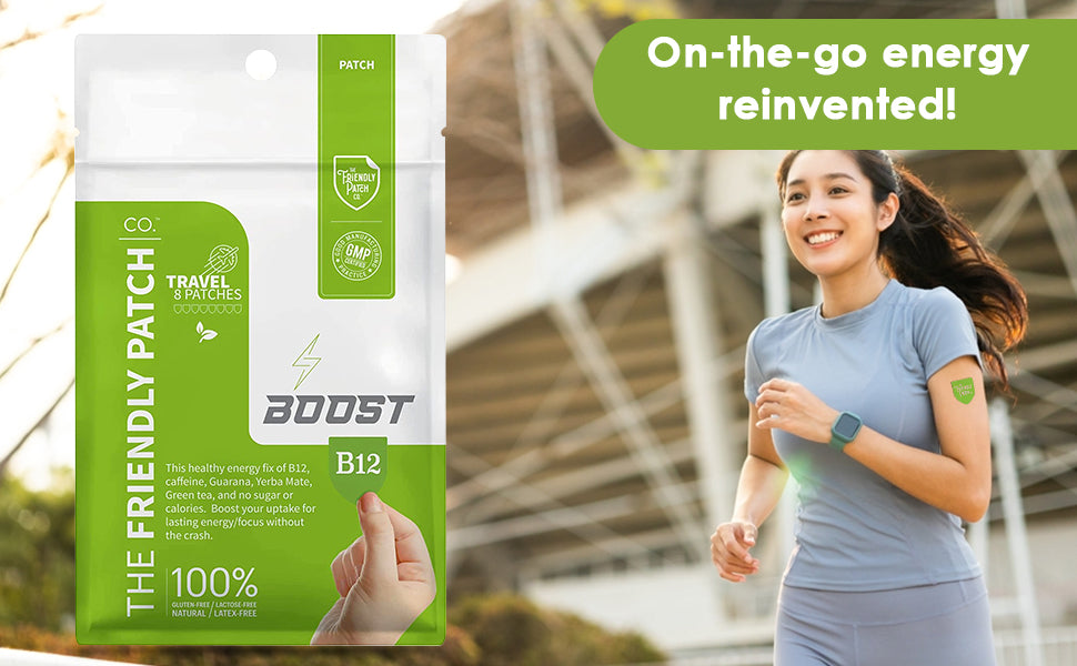 Boost B12 energy patch packaging with a woman running outdoors.