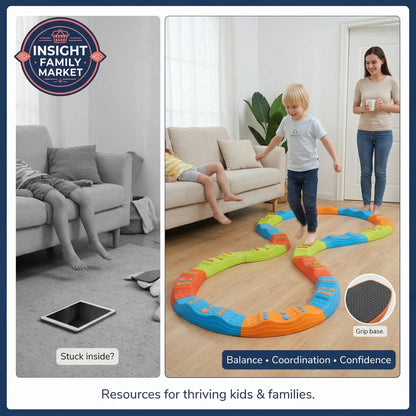 Children playing with a colorful toy on a wooden floor, with a woman standing nearby. The scene is set in a living room with a couch and a tablet.