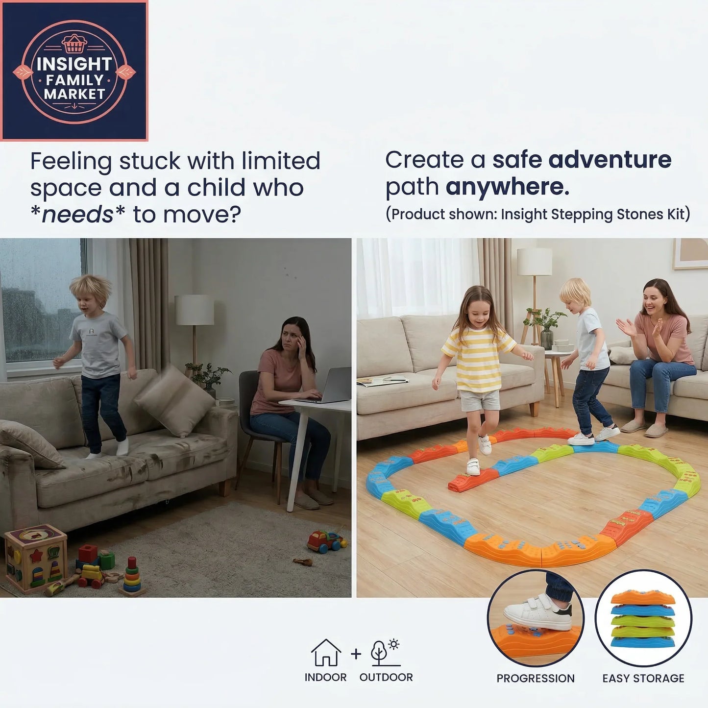 Children playing with a stepping stones kit in a living room, with text about limited space and child movement.