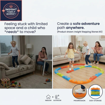 Children playing with a stepping stones kit in a living room, with text about limited space and child movement.